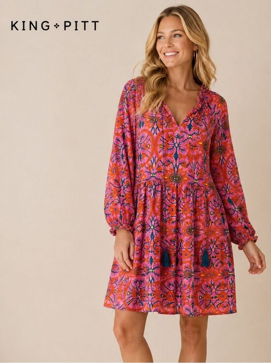 King + Pitt Dresses & Skirts - KING + PITT Pink Orange Floral Boho Tiered Dress Size Large